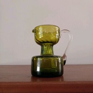 Vintage MCM Green Handblown Swirled Glass Pitcher Clear Handle
